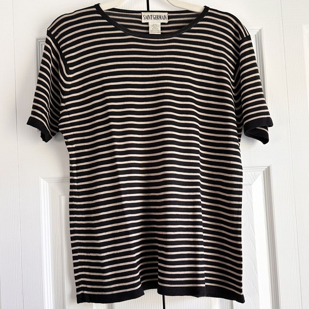 Saint Germain 100% Silk Striped Knit Top Women’s Large Black Beige Short Sleeve